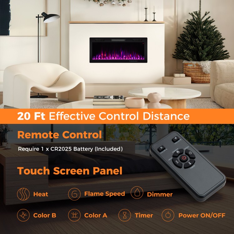 Electric fireplace with remote control, 12 flame colors, and 5 brightness levels, ideal for recessed or wall-mounted.