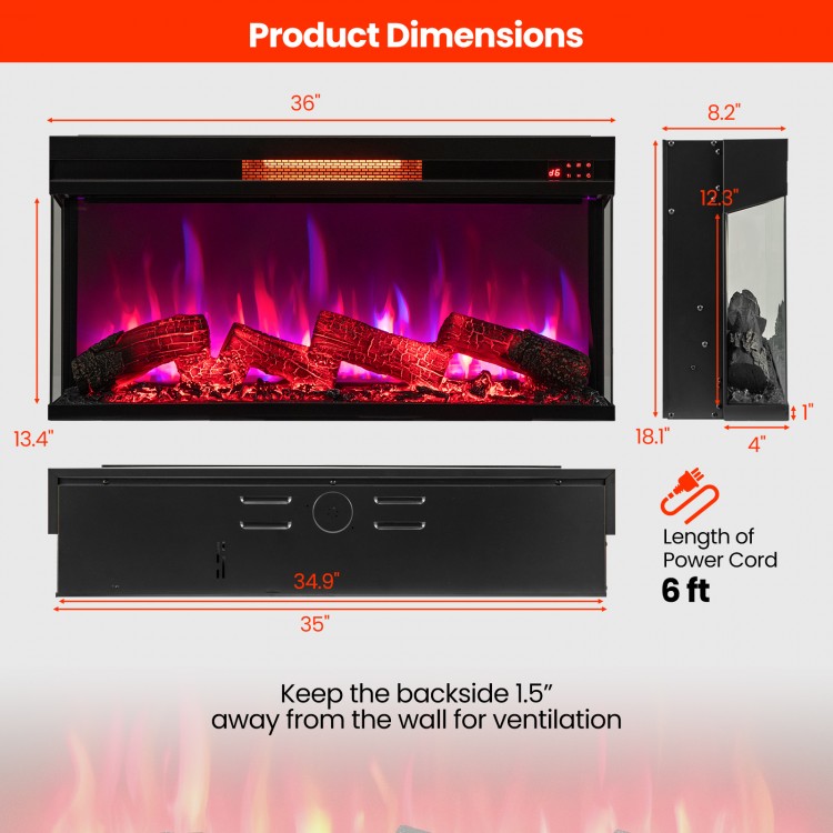 Dimensions of the 36-inch 3-sided electric fireplace with 7-color flame, designed for efficient heating and low noise.