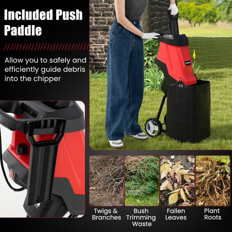 Push paddle for the 15-AMP electric wood chipper, designed for safe feeding of twigs, branches, and leaves.