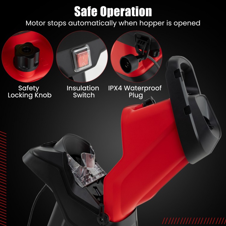 Close-up of the safety locking knob and insulation switch on the 15-AMP electric wood chipper for secure operation.