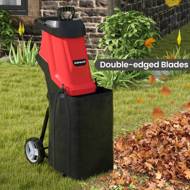 15-AMP electric wood chipper with double-edged blades, 12-gallon collection bag, and wheels for easy transport.