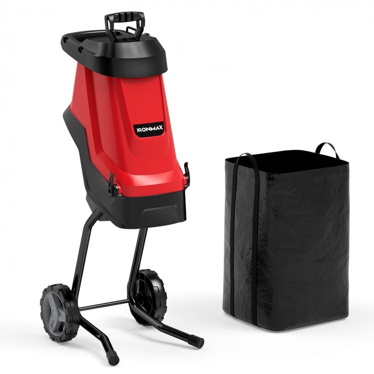 Electric wood chipper and shredder in red with collection bag, designed for efficient garden waste mulching.