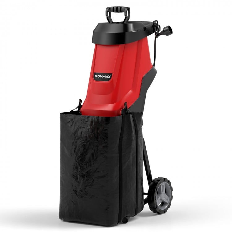 15-AMP electric wood chipper and shredder in red with a 12-gallon collection bag, designed for efficient garden waste.