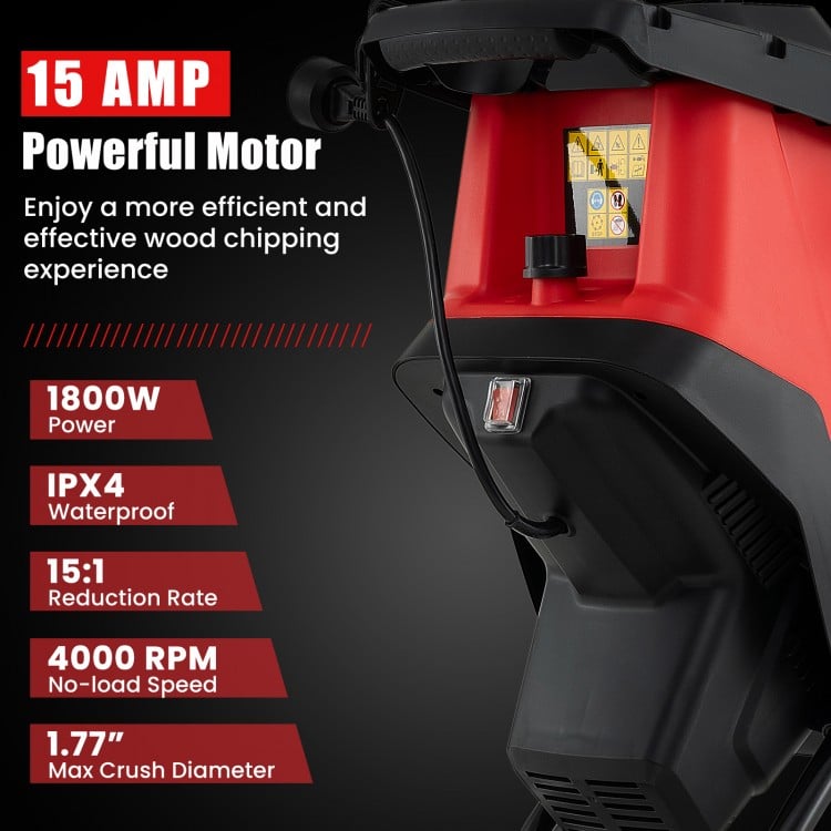 15-AMP electric wood chipper with 4000 RPM, 1.77" max crush diameter, and wheels for easy transport and use.