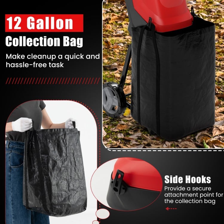 12-gallon collection bag with side hooks for secure attachment, designed for hassle-free cleanup with the wood chipper.