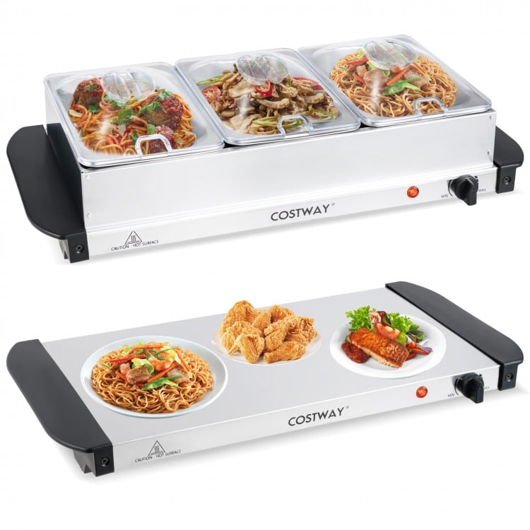 Electric buffet server with 3 removable trays, food-grade stainless steel, adjustable temperature, ideal for parties.