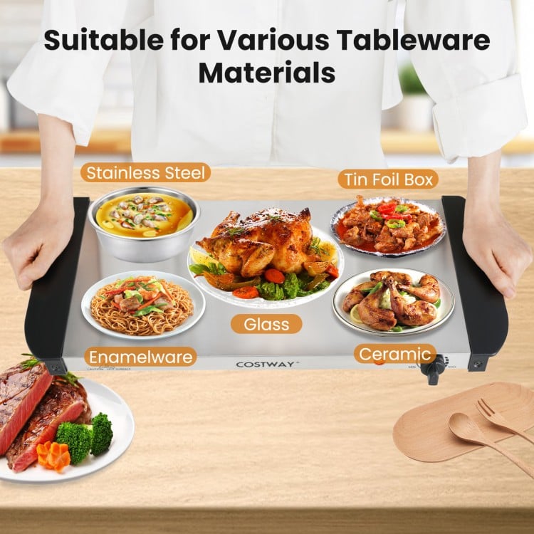 Electric buffet server food warmer with stainless steel base and three removable trays for various tableware materials.