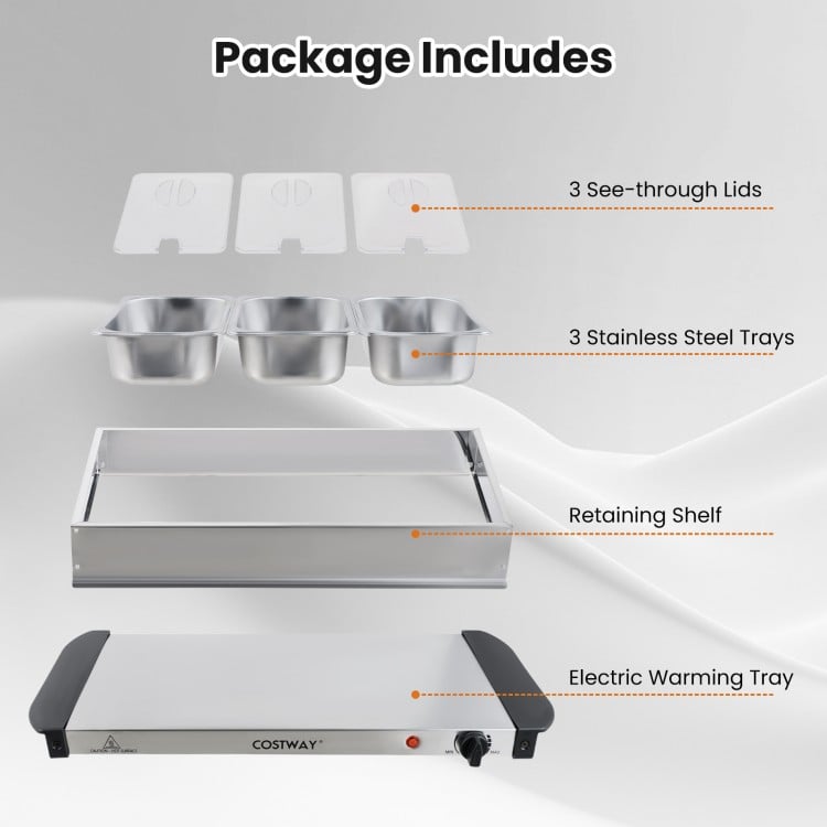 Electric buffet server food warmer with 3 removable stainless steel trays and see-through lids for easy dish.
