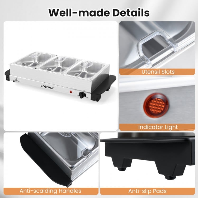 Electric buffet server food warmer with 3 removable trays, stainless steel, anti-scalding handles, ideal for catering.