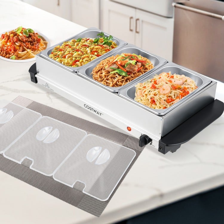 Electric buffet server with three removable trays, stainless steel design, ideal for parties and catering.