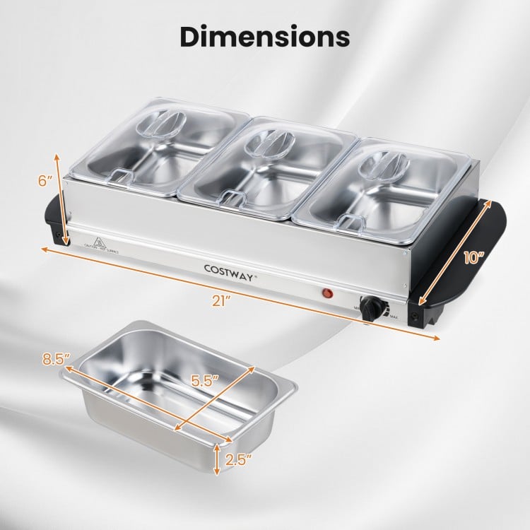 Electric buffet server food warmer with 3 removable stainless steel trays, adjustable temperature, and see-through lids.