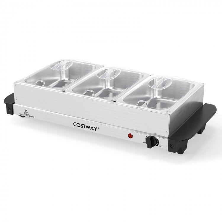 Electric buffet server with 3 removable trays, stainless steel design, adjustable temperature, ideal for parties and.