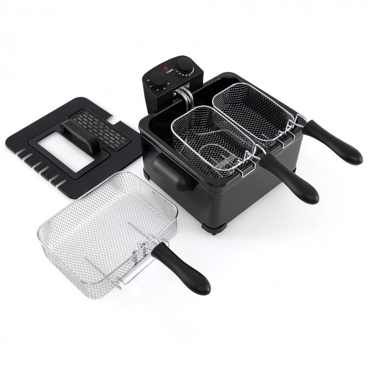 Electric deep fryer with triple baskets, 5.3QT capacity, stainless steel, and temperature control for versatile cooking.