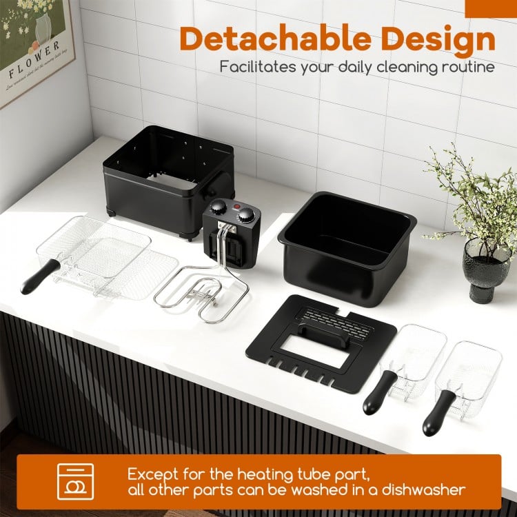 Electric deep fryer with detachable design, 5.3QT capacity, and triple baskets for versatile cooking and easy cleaning.