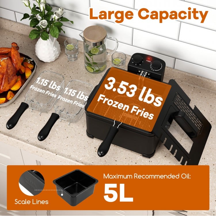 Electric deep fryer with 5.3QT capacity, triple baskets, and temperature control for frying various foods.