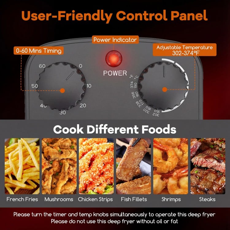 User-friendly control panel of the 5.3QT electric deep fryer with adjustable temperature and timer for versatile.