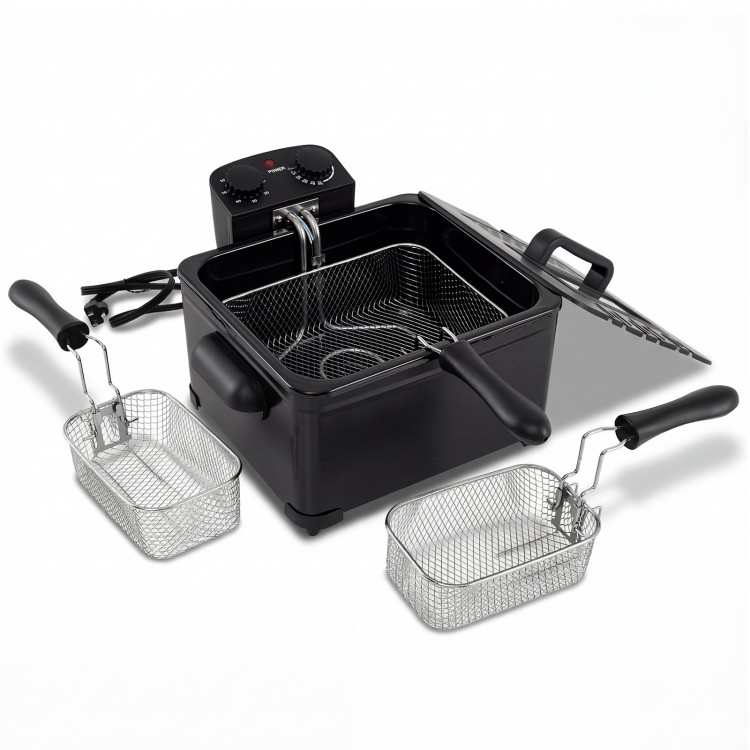 Electric deep fryer featuring cool touch handles, 5.3QT stainless steel design, and anti-slip pads for safe cooking.