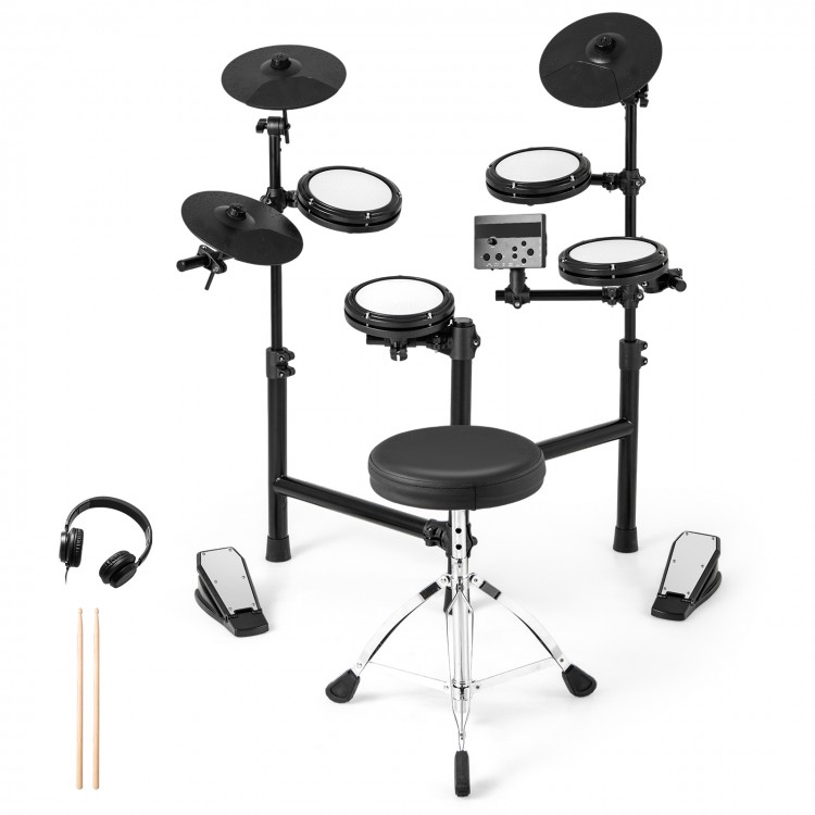 Foldable electric drum set with double-layer mesh pads, silicone cymbals, and adjustable stool for silent practice.