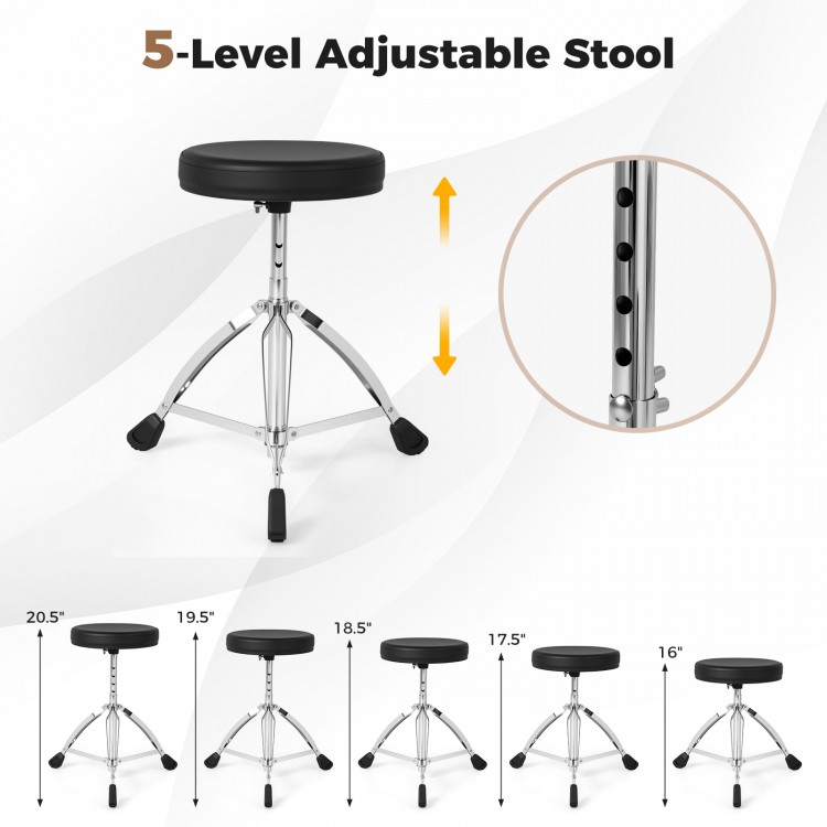 Adjustable padded stool with chrome base for comfort, suitable for use with electric drum sets and easy storage.