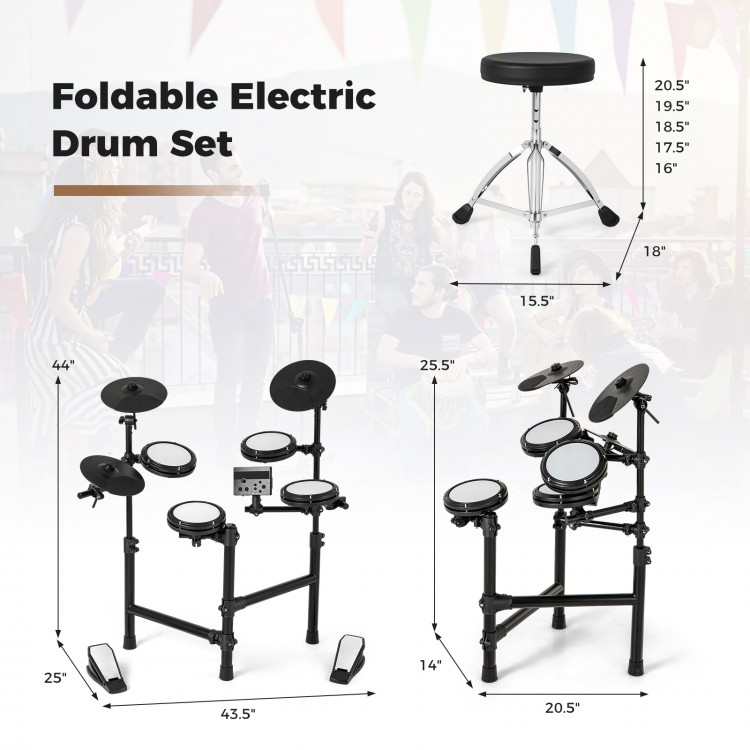 Foldable electric drum set with adjustable stool, featuring double-layer mesh pads and USB MIDI for versatile practice.