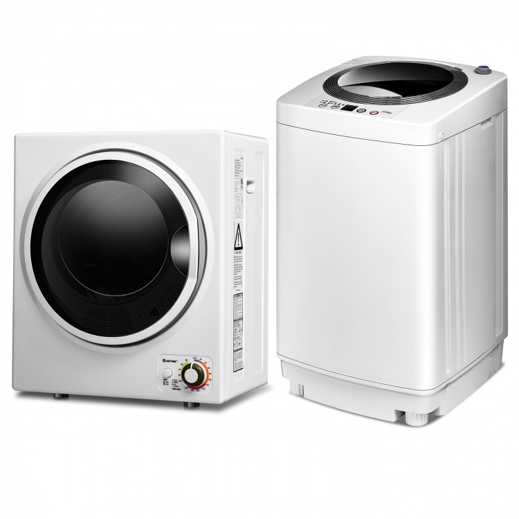 Electric laundry dryer and full-automatic washing machine combo in white, compact design for apartments and dorms.