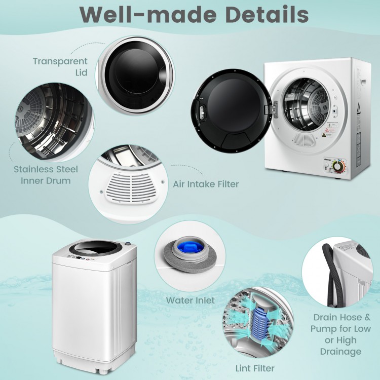 Electric laundry dryer and washing machine combo with transparent lid, stainless steel drum, and lint filter for.