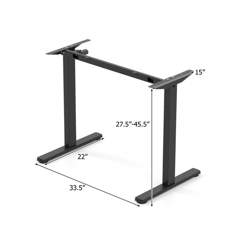Height adjustable electric standing desk frame in black, measuring 27.5" to 45.5", with LED display and ergonomic.