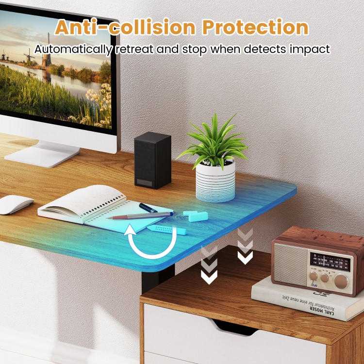 Electric standing desk frame with anti-collision protection, LED display, and ergonomic height adjustment for user.