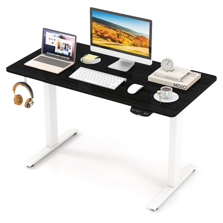 Electric standing desk in black with dual motors, height adjustable, featuring 3 memory settings and cable management.