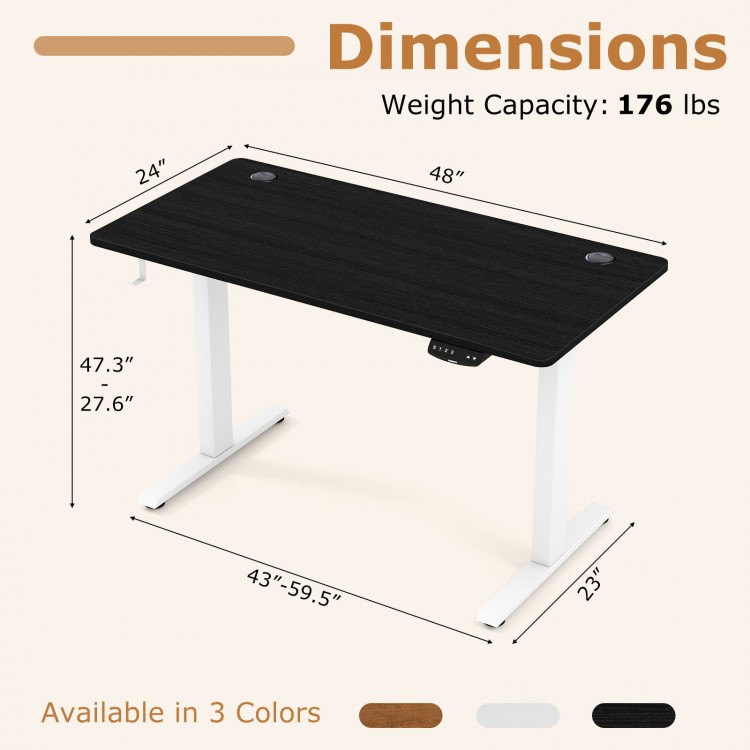 Electric standing desk in black with height adjustment, 3 memory settings, and cable management for organized workspace.