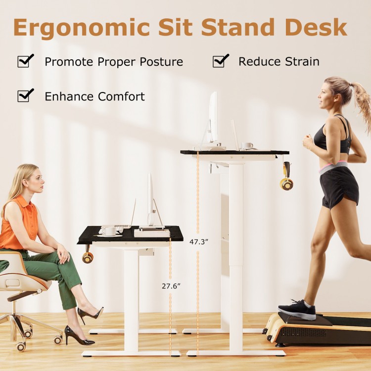 Height adjustable electric standing desk in black with memory settings, promoting proper posture and enhancing comfort.