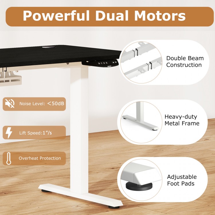 Electric standing desk with adjustable height, dual motors, and memory settings for ergonomic office use.