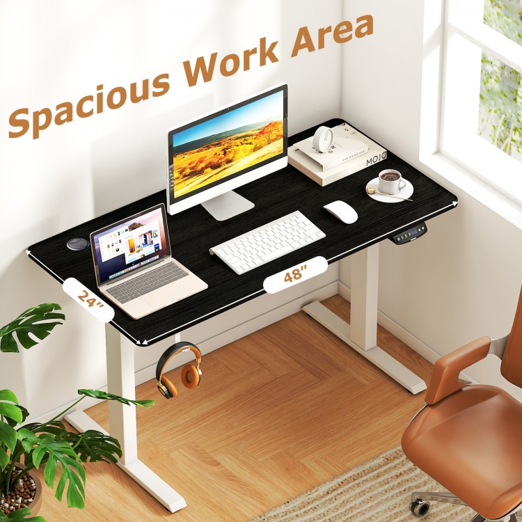 Electric standing desk with a spacious 48" tabletop, height adjustable with 3 memory settings for ergonomic comfort.