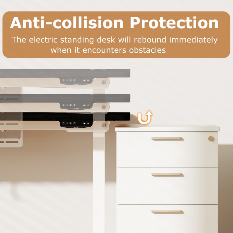 Electric standing desk with anti-collision protection, featuring height adjustment and memory settings for ergonomic.