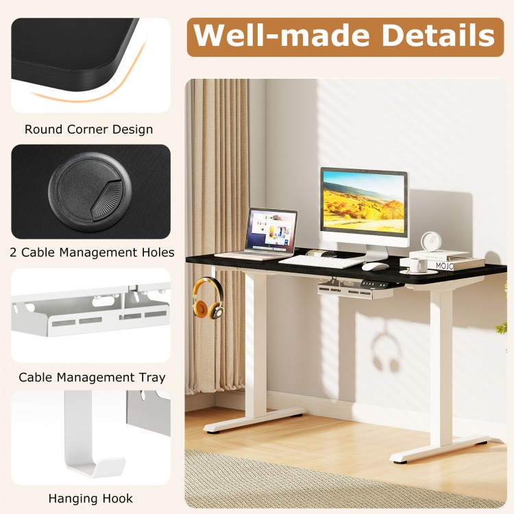 Electric standing desk with round corners, dual motors, cable management holes, and a hanging hook for organized.