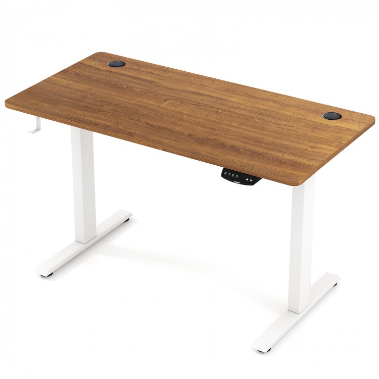 Electric standing desk in walnut finish with height adjustment, memory settings, and cable management for organized.