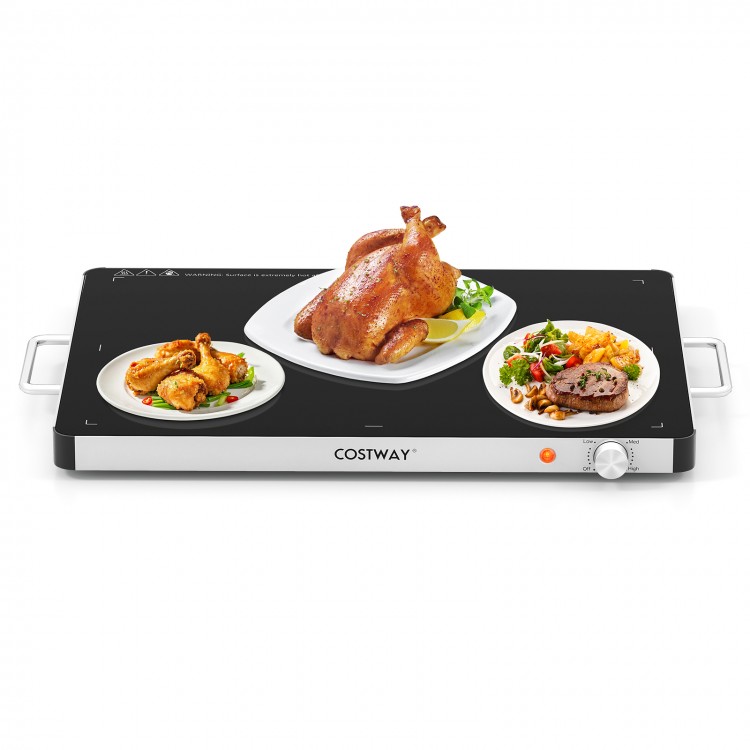 Electric warming food warmer with adjustable temperature control, featuring a tempered glass surface for buffets and.