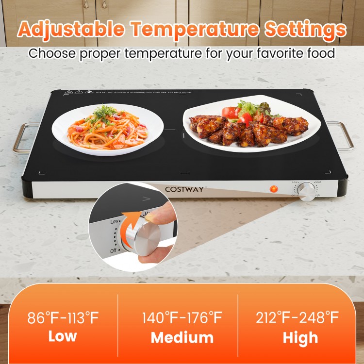 Electric warming food warmer with adjustable temperature control, featuring a smooth glass surface for easy cleaning.
