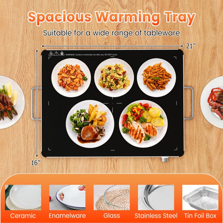 Electric warming tray with adjustable temperature control, featuring a smooth glass surface for safe food warming.