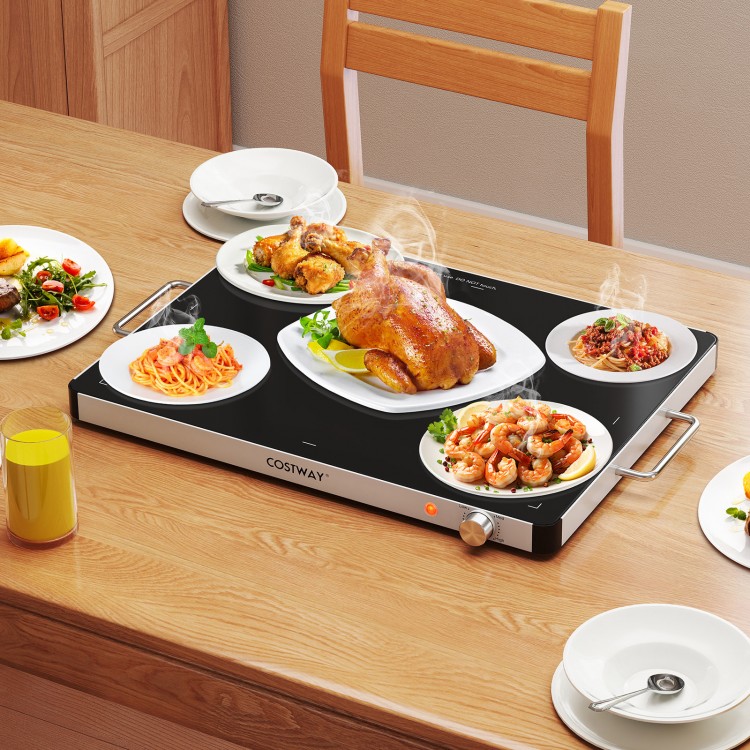 Electric warming food warmer with adjustable temperature, featuring a tempered glass surface, ideal for buffets and.