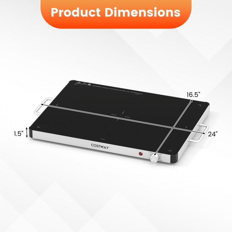 Electric warming food warmer dimensions showing 24" x 16.5" x 1.5", featuring a tempered glass surface and cool-touch.