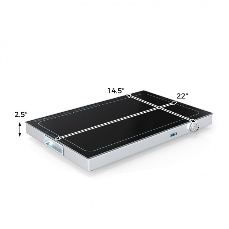 Electric warming tray with tempered glass top, adjustable temperature, and built-in handles for easy portability.
