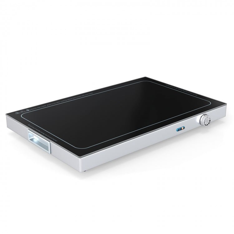 Electric warming tray with adjustable temperature, tempered glass top, and built-in handles for easy portability.