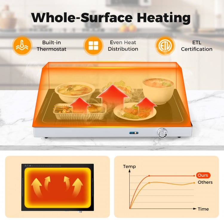 Electric warming tray with tempered glass, adjustable temperature, and built-in handles for safe food warming at events.