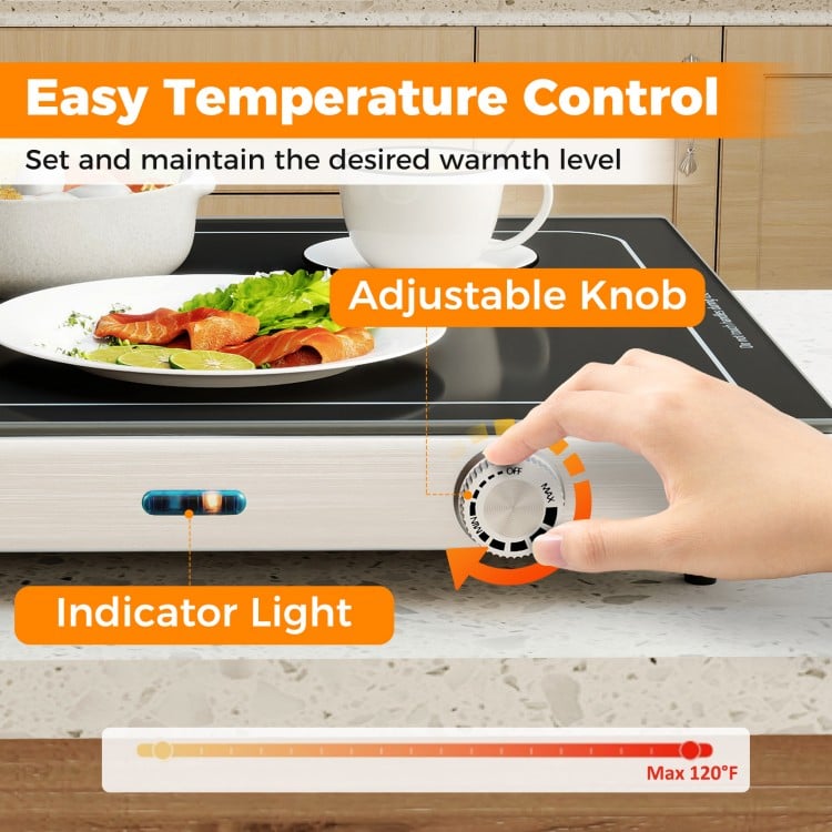 Electric warming tray with adjustable temperature control and indicator light, perfect for keeping food warm at events.