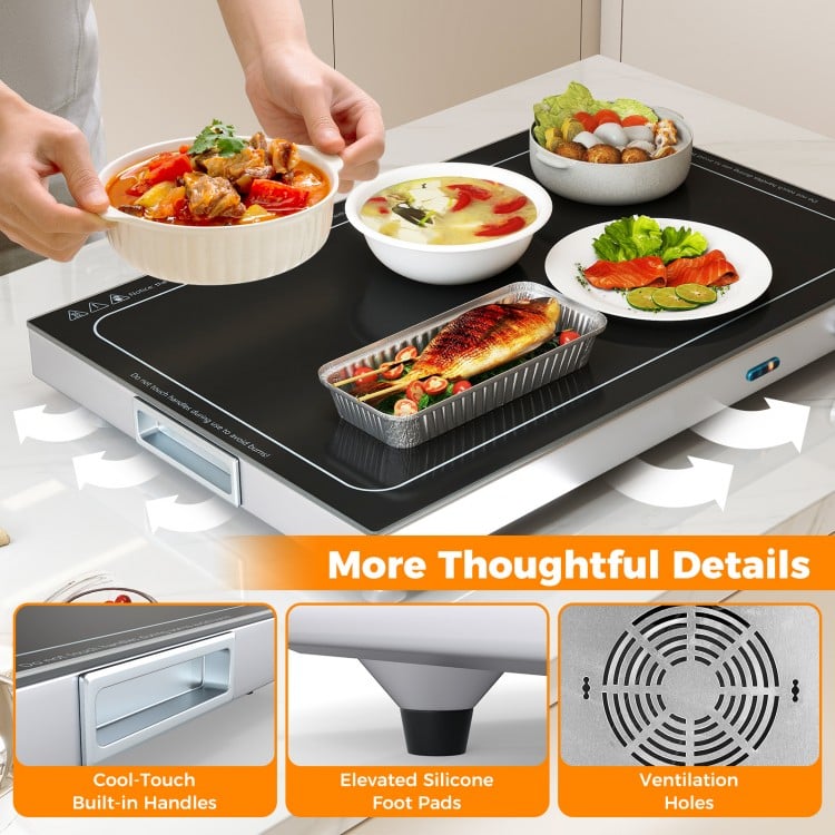 Electric warming tray with adjustable temperature, built-in handles, and ventilation holes for safe food warming.