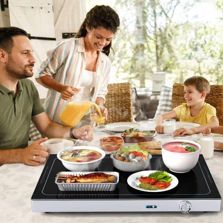 Electric warming tray with adjustable temperature, 20" x 12" surface, ideal for keeping food warm at events and parties.
