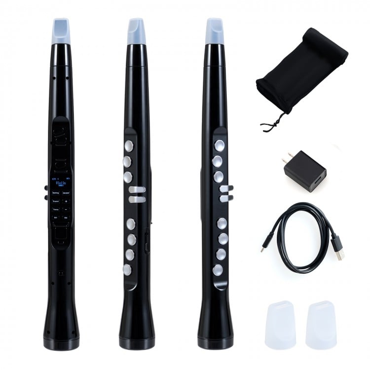 Electronic wind instrument synthesizer in black with 100 tones, rechargeable battery, and portable design for easy play.