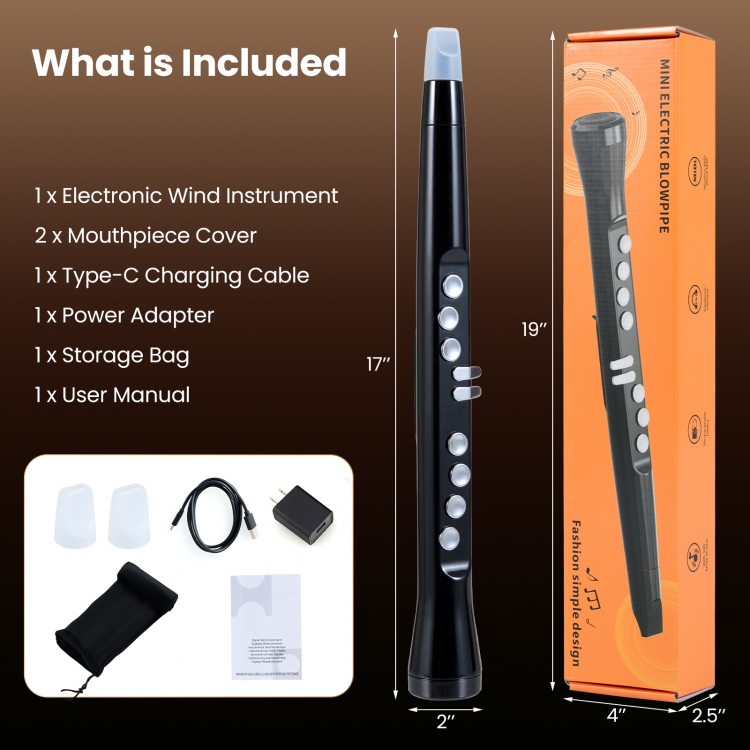 Electronic wind instrument synthesizer in black, featuring 9 touch-sensitive keys and compact design for portable music.