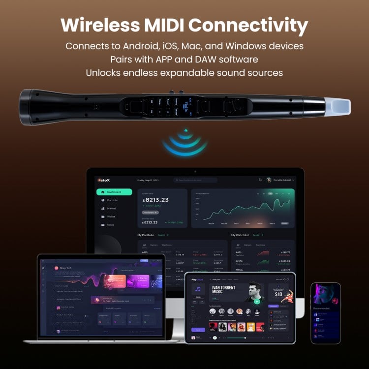 Electronic wind instrument synthesizer in black, featuring wireless MIDI connectivity and 100 tones for versatile music.